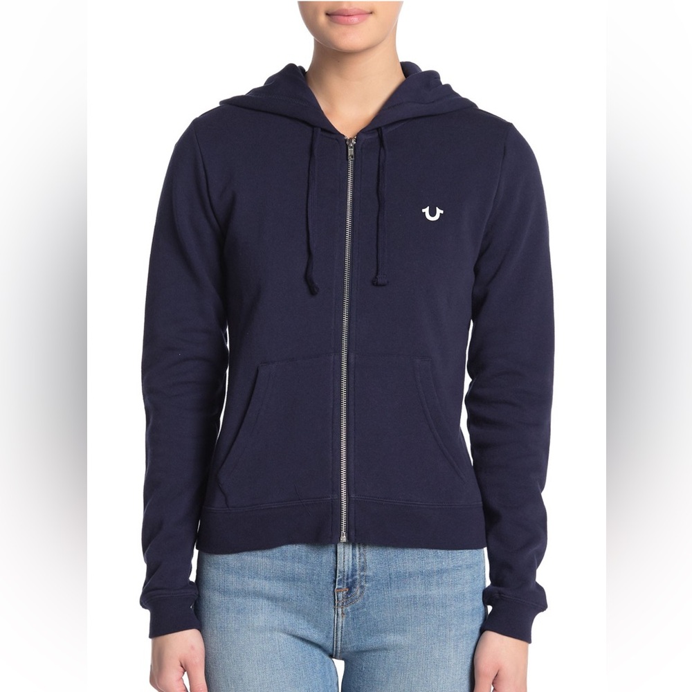 NWT TRUE RELIGION Blue Fitted Long Sleeve Hoodie Size Medium